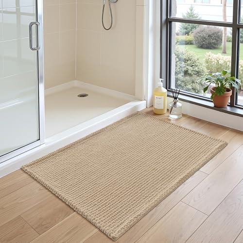 DEXI Bathroom Rugs 32x20, Non Slip Washable Bath Mat, Absorbent Chenille Bathmat, Ultra Soft Thick Carpet for Tub Shower Floor, Beige - color: Beige, size: 32" X 20" (Rectangular)