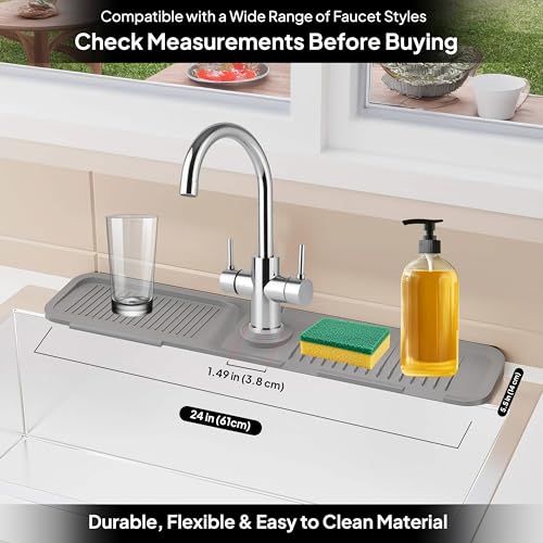 24 Inch Silicone Faucet Mat for Kitchen Sink Splash Guard & Draining Tray Sink Protector with Soap & Sponge Holder Grey (Purest Peak)