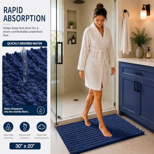Yimobra Bathroom Rug Set 3 Piece - Super Absorbent Quick Dry Chenille Bath Mats & Toilet Rug, Non Slip Machine Washable, Extra Thick Shaggy Floor Mat for Shower Tub Sink, Navy Blue - color: Navy Blue, size: 24"x17" + 24"x20" + 30"x20"