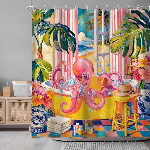 Newsely Funny Octopus Shower Curtain 72Wx72L Inch Funky Whimsical Boho Coastal Matisse Tropical Plant Pink Hawaii Modern Cool Kids Bathroom Set Unique Waterproof Bath Decoration Accessories Home Decor - color: Q-octopus2, size: 72"W x 72"L (Pack of 1)