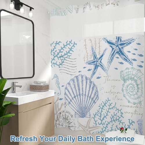 No Hook Shower Curtain with Snap in Liner, Waterproof Ocean Shower Curtain with Mesh Top Window and Weighted Hem, Coastal Underwater Seascape Summer Shower Curtains for Bathroom, 71"W x 74"L - color: Underwater Ocean