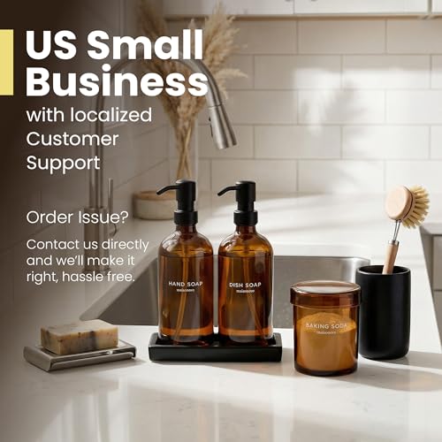 Maisonovo Kitchen Soap Dispenser Set - Hand and Dish Soap Dispenser Set with Amber Glass Soap Dispenser, Black Pumps & Ceramic Tray - color: Amber Bottles/ Black Pumps/ Black Ceramic Tray