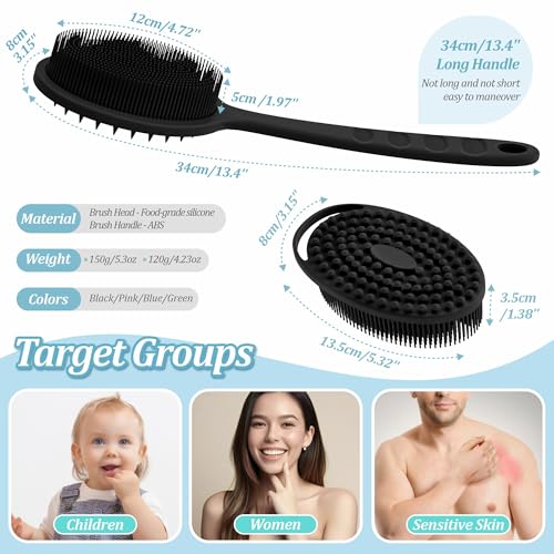 Silicone Back & Body Scrubber Set 2PCS, 13.4'' Gentle Exfoliating Back Scrubber with Dual-Side Head and Non-Slip Handle, Hygienic Silicone Loofah with Soft Bristles and Massage Dots(Black-2PC) - color: Black*2