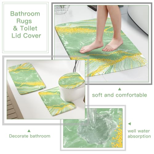 21PCS Bathroom Sets with Shower Curtain and Rugs Bathroom Accessories Set Dark Green Bathroom Set Complete with Trash Can, Toilet Brush, Qtip Holder & 3PCS Soap Dispenser - size: Bath Set+Marble Shower Curtain+Rugs, style: Dark Green