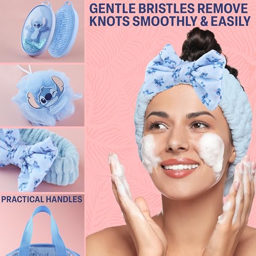 Disney Stitch Shower Accessories Set and Clear Toiletry Bag with Shower Cap Headband Bath Sponge for Bath Spa, Gifts for Girls, Teens, Women (Blue Stitch) - color: Blue Stitch, style: Stitch