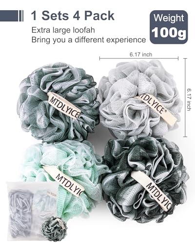MTDLYICE Loofah Sponge, XXL Large Loofah 100g 4 Pack, Bath Sponge Soft Mesh Shower Loofah for Men, Body Scrub, Shower Pouf Bath Accessories, for Body Wash, Soap (Blue Gray) - style: Blue Gray
