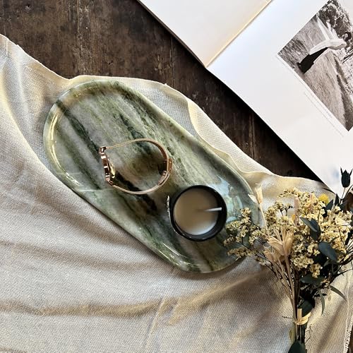 Green Marble Vanity Tray 9.8", Natural Stone Organizer for Bathroom | Luxury green marble tray, polished non-slip base, Perfect for jewelry, perfumes, décor. Unique pattern, ideal gift for her. - color: Green