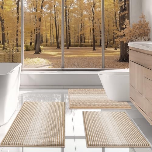 BSICPRO Bathroom Rugs Sets 3 Piece, Toilet Rugs U-Shaped Contour Bath Mat Set, Striped Absorbent Non Slip Chenille Shower Mat, Beige - color: Beige, size: 20"x32"+16"x24"+U Shape 20"x24"