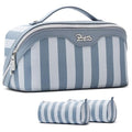 BOYATU Travel Makeup Bag Cosmetic Bag for Women: 3 Pcs Set Striped Make up Bag with Compartments - Waterproof Vegan Leather Toiletry Bags with Handle - Makeup Organizer for Travel Essentials(A-1-Blue) - color: A-1-Blue