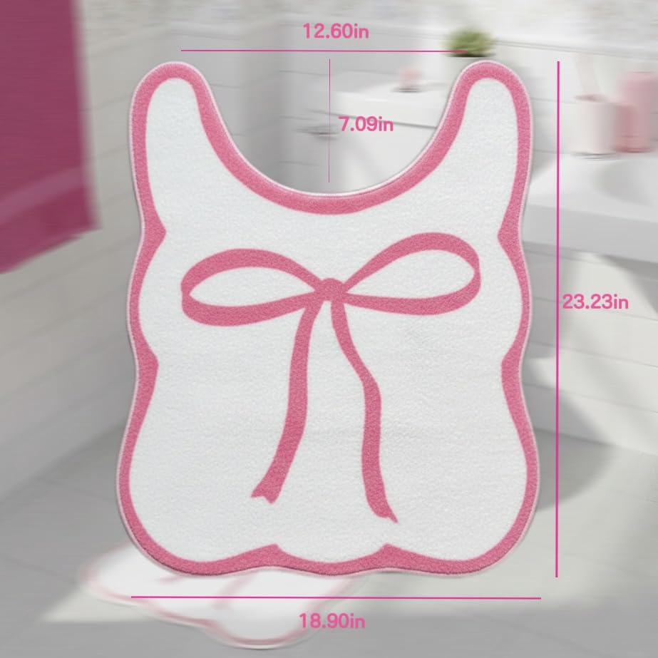 Bow Toilet Rug with Lid Lifter & Button; U-Shaped, Luxury, Scalloped Bathroom Mat; Non-Slip, Cute, Microfiber Soft Rugs Set — Pink Pastel Coquette Decor for Toilet Base (Pink, 24 x 20 Inches)