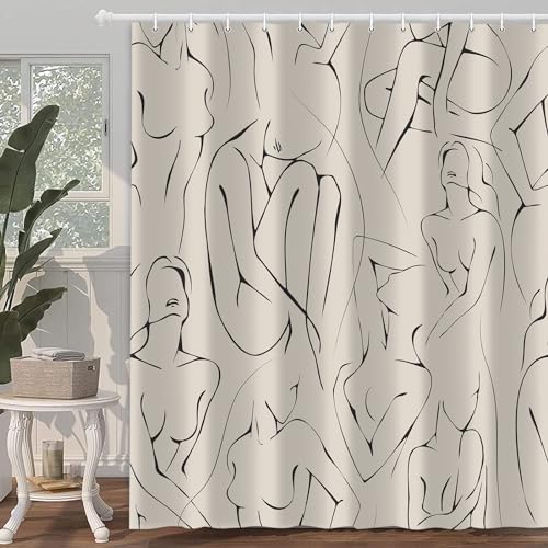 Female Body Shower Curtain, Abstract Line Texture Boho Bath Curtain Decor for Women, Polyester Fabric Waterproof Bathroom Decoration Accessory Set with 12 Hooks 72x72 inch - color: Beige, size: 72"W x 72"L (Pack of 1)