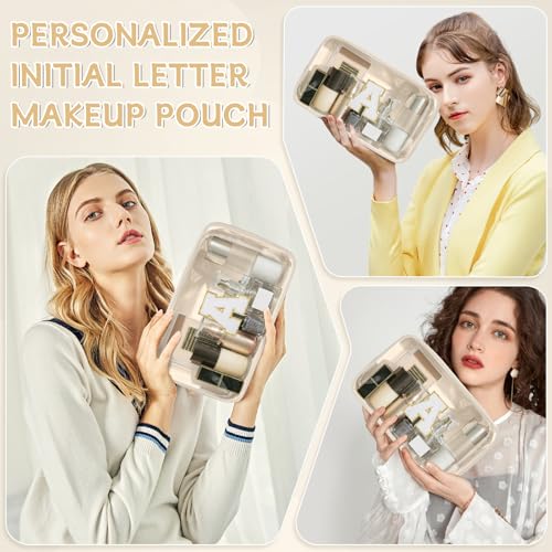 Initial Clear Makeup Bag, Birthday Gift Preppy Chenille Patch Cosmetic Bag, Initial Travel Essentials Beach Toiletry Pouch, Ideal Gift for Teachers & Moms, Women and Girls (Beige, A) - color: Beige, style: A