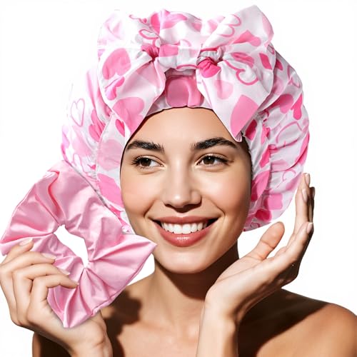 Years Calm Extra Large Shower Cap for Long Thick Hair – Waterproof Double Layer Bath Cap with Satin Lining, Secure Elastic Fit for Braids, Curls & Extensions - color: Pink Heart