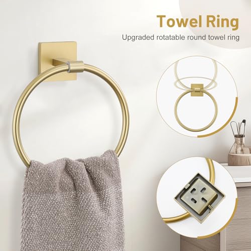 5 Pieces Brushed Gold Bathroom Hardware Set, SUS304 Stainless Steel Bathroom Accessories Set 23.6 inches Towel Bar, Toilet Paper Holder with Shelf, Towel Ring and Two Towel Hooks Wall-Mounted - color: Brushed Gold, size: 5 Pieces - With Shelf