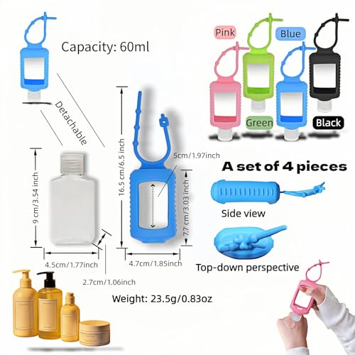 4-Pack Travel Refillable Leak Proof Squeeze Bottles with Silicone Sleeve & Keychain - 2oz/60ml Clear PETG Plastic Toiletry Containers for Hand Sanitizer, Lotion, Shampoo, Outdoor Essentials