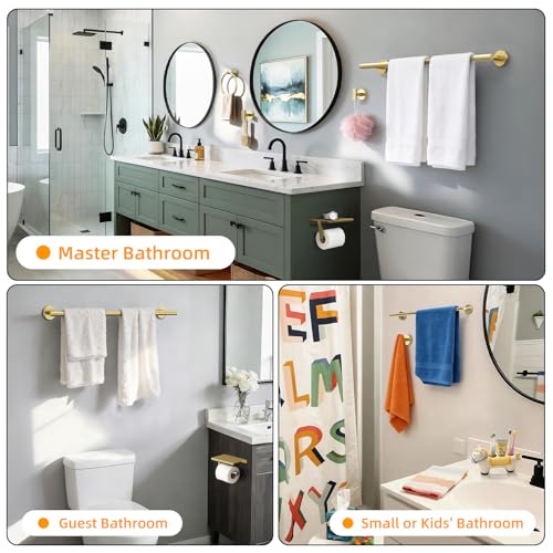 Gold 5-Piece Bathroom Hardware Set, 23.6 Inch Towel Bar Set SUS304 Stainless Steel Towel Racks for Bathroom Round Towel Bar, Towel Ring, Toilet Paper Holder, 2 Robe Hooks, Wall Mounted - color: Gold
