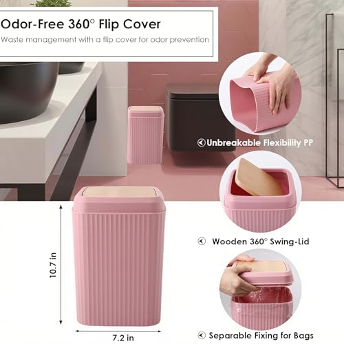 Pink Bathroom Accessories Set, 10 Pieces Bamboo Bathroom Set with Trash Can, Tray, Soap Dispenser, Soap Dish, Toothbrush Holder, Toothbrush Cup, Tissue Holder, Toilet Brush and Qtip Holders - color: Pink