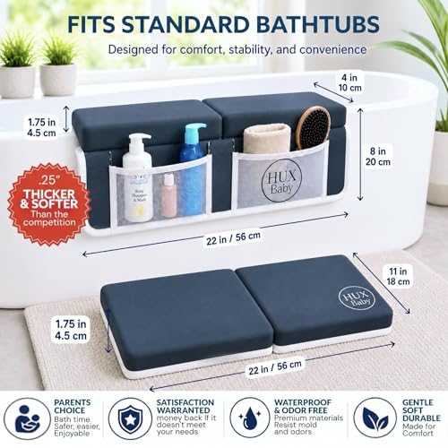 Comfortable Baby Bath Kneeler and Elbow Rest Pad Set, Non-Slip Bathtub Kneeling Pad for Bathing Baby, Bath Tub Cushion Mat, Elbow Pads, Toy Organizer Storage Pockets, Strong Suction Cups (Dark Gray) - color: Dark Gray