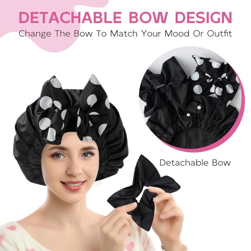 Years Calm Extra Large Shower Cap for Long Thick Hair – Waterproof Double Layer Bath Cap with Satin Lining, Secure Elastic Fit for Braids, Curls & Extensions - color: Black