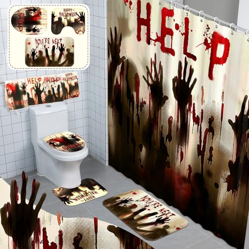 FuWeave 8 Pcs Halloween Help Me Shower Curtain Set for Bathroom Include Scary Ghost Shadow Bloody Hands Shower Curtain Towels Non Slip Rugs Toilet Lid Cover Bath Mat and 12 Hooks for Bathroom Decor - color: Bloody Hand