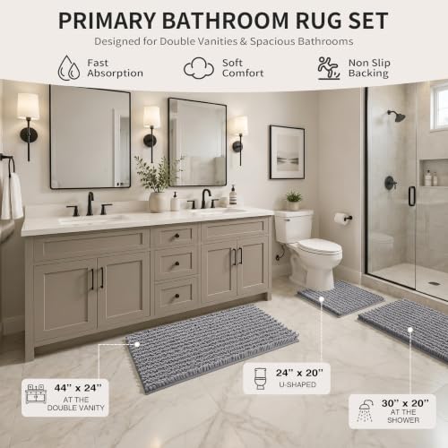 Yimobra Bathroom Rug Set 3 Piece - Super Absorbent Quick Dry Chenille Bath Mats & Toilet Rug, Non Slip Machine Washable, Extra Thick Shaggy Floor Mat for Shower Tub Sink, Grey - color: Grey, size: 24"x20" + 30"x20"+ 44"x24"