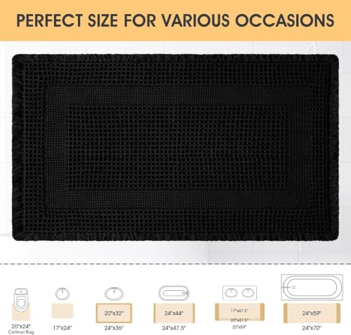 Upgrade Waffle Bath Mat, Boho Bathroom Rugs Absorbent Non Slip, Ultra Soft Bathroom Mat, Machine Washable Knit Bath Rugs with Tassels for Bathroom, Bedroom, Kitchen, Shower, Tub, Black, 36"x24" - color: Black-looped, size: 2' x 3' (Rectangular)