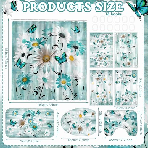 FuWeave 8 Pcs Rustic Farmhouse Shower Curtain Sets for Bathroom Daisy Floral and Butterfly Shower Curtain Sets with Rugs, Flowers Towels, Non-Slip Rug, Toilet Lid Cover, Bath Mat and 12 Hooks(Teal) - color: Daisy