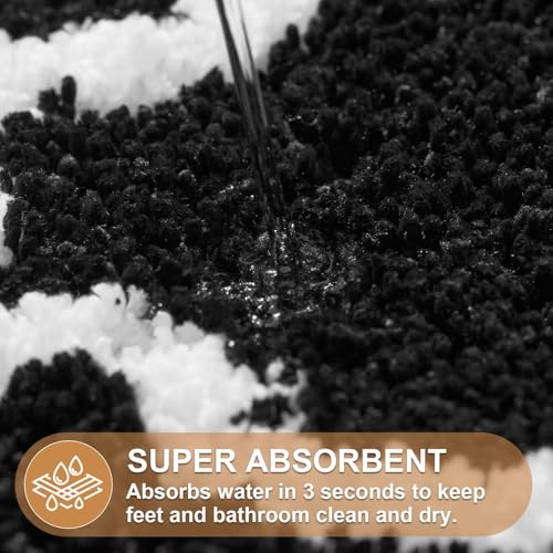 ORTIGIA Black Bath Mat with White Scallop Non Slip, Quick Dry Bath Rug Absorbent Soft Plush Microfiber Bathmat for Bathroom Floor Carpet for Sink Bedroom, 17x47 - color: Black, size: 1'5" x 3'11" (Rectangular)