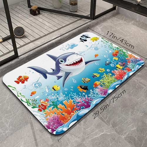 Cute Shark Bathroom Mat, Non Slip Rubber Backed Fast Dry Bath Rug, Thin Bath Mat for Bathroom Kitchen 17"x30" - color: Cute Shark