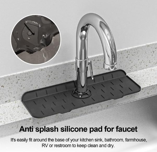 Kitchen Faucet Sink S0plash Guard, Silicone Faucet Water Catcher Mat, Sink Draining Pad Behind Faucet, Rubber Drying Mat For Kitchen & Bathroom Countertop Protect (Black)