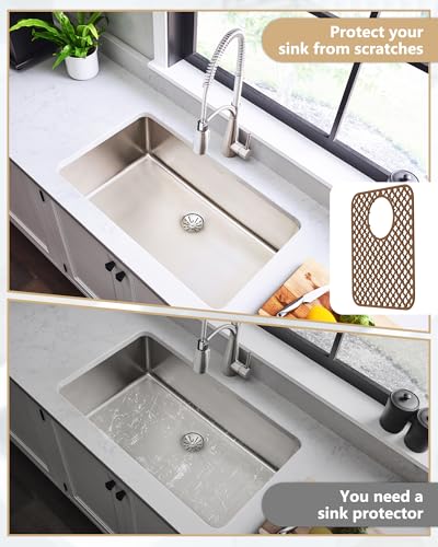 2 Pack Silicone Sink Protectors for Kitchen Sink, Trellis Pattern 13 x 11 Inches Sink Mat, Non-Slip and Durable Sink Protector Silicone, Rear Drain, Coffee - color: Coffee