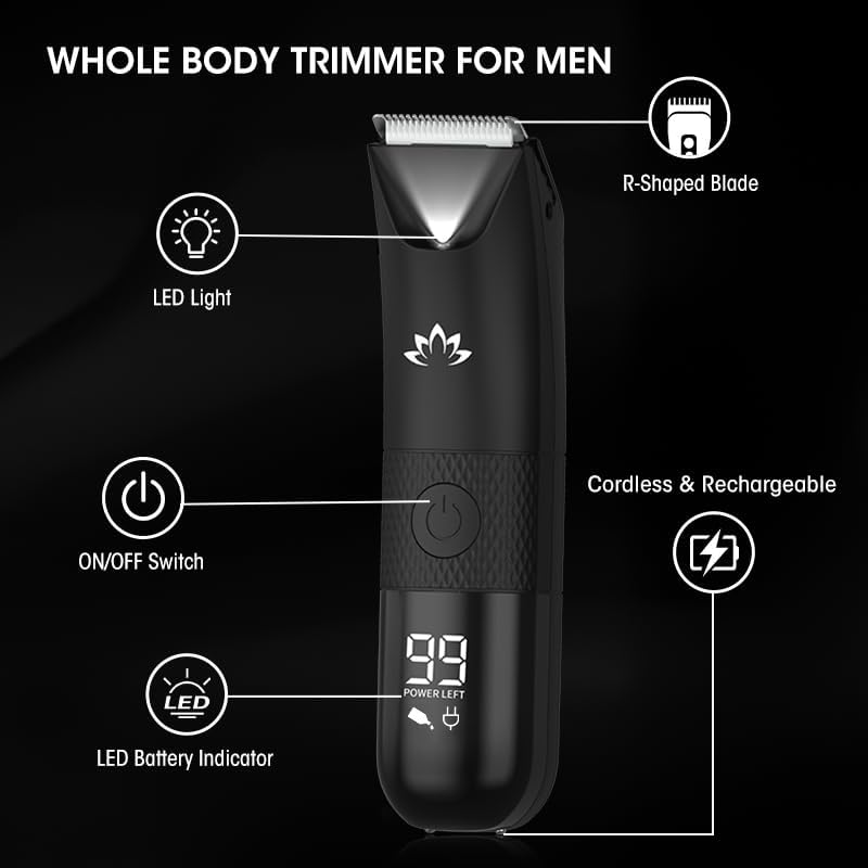Qreeyx Manscape Trimmer for Men - Electric Body Hair Trimmer with Light, IPX7 Waterproof Electric Razor for Balls/Pubic/Groin/Legs/Chest Hair Removal, Lightweight with LED Display, Gifts for Him Dad - color: Black8118