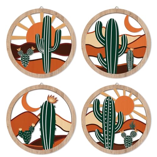 HPNIUB Boho Cactus Wall Decor, Rustic Desert Tropical Botanical Hanging Wood Sign for Living Room, Round Southwest Plant Wooden Plaque, Sun and Moon Wall Art for Apartment Office(10''x10'') - color: Boho desert&cactus