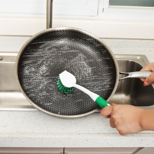 Dish Brush with Handle, 2 Pack Scrub Brushes with Built-in Scraper for Cleaning Kitchen, Pots, Pans and Sink, Scrubber Washing Tools, Green - color: Green