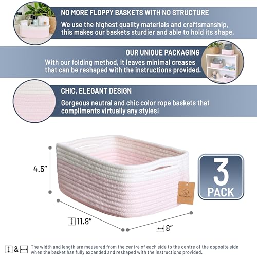 NaturalCozy 11.8"x8"x4.5” Rectangle Storage Baskets for Shelves 3 Pack | Cotton Rope Woven Small Baskets for Organizing | Small Storage Bins for Nursery, Bathroom, Closet, Shelf, Decorative, Gift - color: Off White & Mixed Pink, size: 11.8" x 8" x 4.5"
