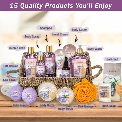 Aqua Elegante Bath Spa Gift Set - 15 Piece Premium Basket with Wash, Bubble Bath, Lotion, Salts, Body Scrub, Towel, Shower Puff, Bathbombs, Reusable Basket, Gifts for Women - Honey & Lavender - size: 15 Piece Set (Reusable Basket)