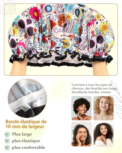 mikimini Shower Cap for Women Reusable Waterproof, Extra Large Hair Cap for Shower with Double Layers, Stylish Vibrant Designed Shower Bonnet for Long Thick Hair, 2 Pieces - size: X-Large (Pack of 2)