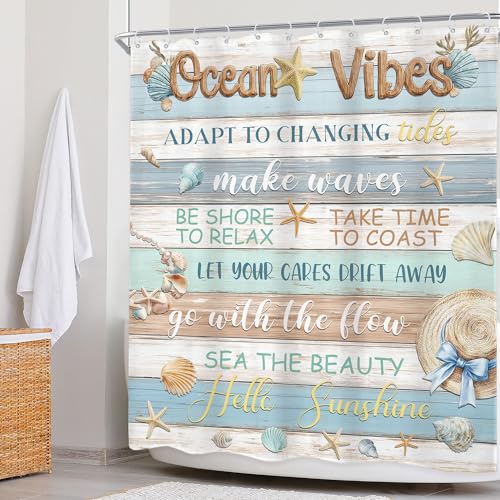 Newsely Ocean Vibes Shower Curtain 60Wx72L Inch Blue and Brown Wood Inspiritional Quotes Sea Beach Seashell Starfish Corals Bathroom Set Rustic Plank Waterproof Bath Decoration Accessories Home Decor - color: G-02seashell, size: 60"W x 72"L (Pack of 1)