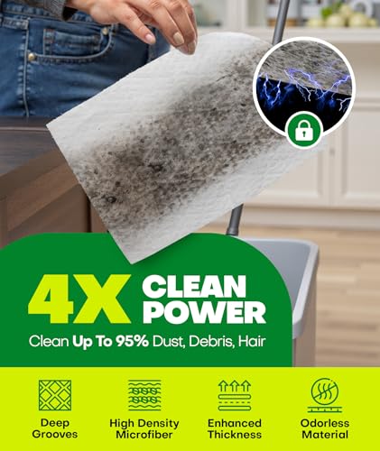60 Count Dry Sweeping Cloths Refills for Swiffer Sweep + Mop, 4X Clean Power Sweeper Mop Pads to Clean Hair, Dirt, Dust, Disposable Unscented Dry Cloths Refills for Mopping Home, Bathroom, Kitchen
