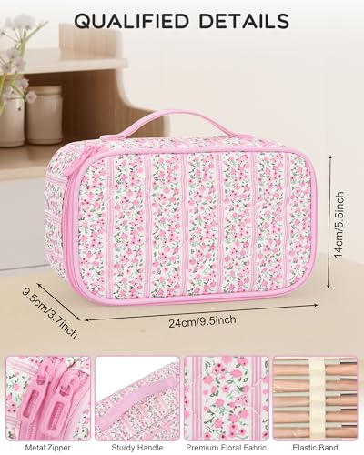Relavel Cute Makeup Bag for Girls, Portable Pink Cosmetic Bag, Dual-layer Makeup Pouch with Brush Holder, Multi-Functional Preppy Toiletry Organizer for Travel, Daily Use - Pink Flower - color: 01C-Floral Pink, size: MEDIUM
