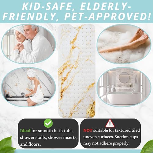 ENKOSI Bath Mat – Large 40 x 16 Inch Non-Slip Bathtub Mat with Secure Suction Cups & Drain Holes – Extra Long Bathroom Shower Mat for Tub with Marble Gold Design (40x16 Marble Gold) - color: Marble White Gold