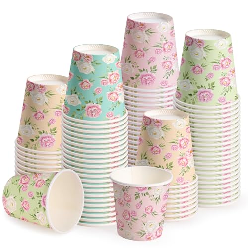 WRAPAHOLIC 3oz Paper Cups - 100 Pack Disposable Bathroom Cups with Colorful Rose Floral Design, Small Mouthwash Cup for Toothbrush Rinse, Home Bathroom, Picnic, BBQ, Travel and Party - color: White Pink Rose