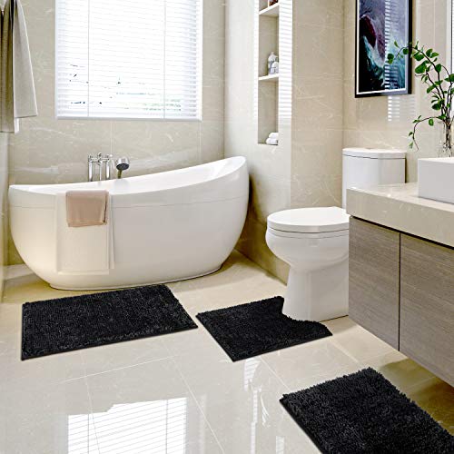 HOMEIDEAS Black Bathroom Rugs Sets 3 Piece, Butter Chenille Rugs and Mats, Shaggy, Absorbent, Non Slip, Luxury, Shiny, Washable Bath Mat for Bathroom, Shower - color: Black, size: 17"x24"+20"x32"+U Shape 20"x24"
