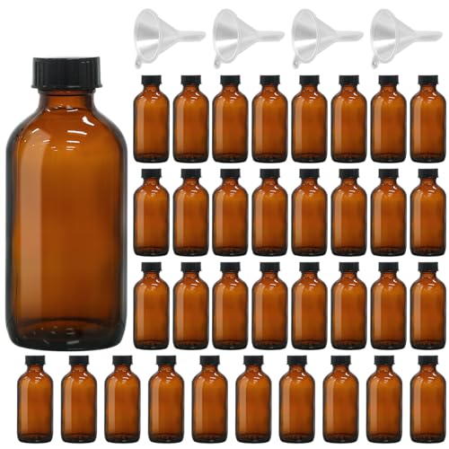35 Pack 4oz Amber Glass Boston Round Bottles with Polycone Leak-Proof Phenolic Caps – Brown Airtight Refillable Containers for Homemade Vanilla Extract, Essential Oils, Herbal Medicine, and Syrups - size: 4oz