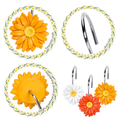 Whaline 12 Pcs Daisy Flower Shower Curtain Hooks Floral Shower Rod Rings Decorative Resin Curtain Hanger Hooks for Spring Summer Living Room Bedroom Bathroom Decor - color: Orange White