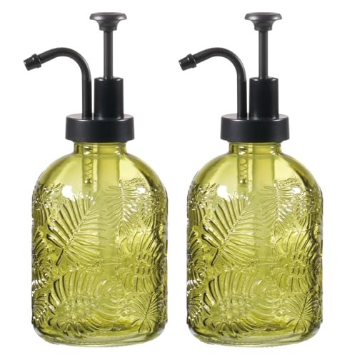 11.8Oz Vintage Glass Bathroom Soap Dispensers with Black Pump, Refillable Kitchen Dish Soap Dispenser with Embossed Leaf, Modern Farmhouse Hand Soap Liquid Bottle -2 Pack(Sage Green) - color: Sage Green/Black, size: 2Pack