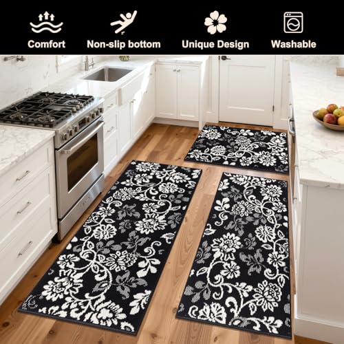 LOKHOM Boho Kitchen Rugs Sets of 3, Non Slip High-Low Textured Kitchen Mats for Floor with Rubber Backing, Paisley Floral Washable Carpet Runner for Hallways Entryway Laundry Sink (Black & White) - color: Black, size: 24"x35"+24"x48"+24"x60"