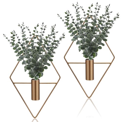 Jexine 4 Pcs Hanging Planters with Artificial Eucalyptus Metal Hanging Vase Indoor Plants Holder Modern Geometric Boho Bathroom Wall Decor for Living Room Home Office (Eucalyptus,Bronze) - color: Antique Copper, size: Eucalyptus