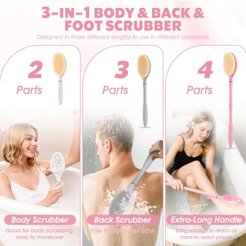 Foot Brush & Back Scrubber Set, 27.5'' Adjustable Foot Scrubber for Shower, 18.9'' Shower Back Scrubber with 3-Length Usage, Great Aid for People with Limited Mobility(Pink Set) - color: Pink Set