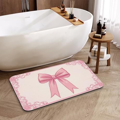 Pink Bow Bathroom Rugs, Fast-Absorbing Bath Mat, Quick-Dry Non-Slip Thin Rug for Bathroom Floor Kitchen 17"x30" - color: Pink Bow